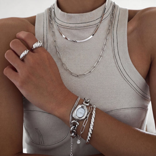 Curva Luna - Orologio bracciale a catena d'argento con composizione perla