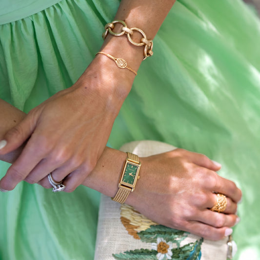 Luxe Natural: Emerald Green Elongated Rectangular Dial Watch with Gold-Tone Stainless Steel Bracelet