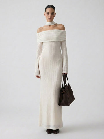 All-over Sparkling Mesh Column  Off-the-Shoulder Maxi Dress