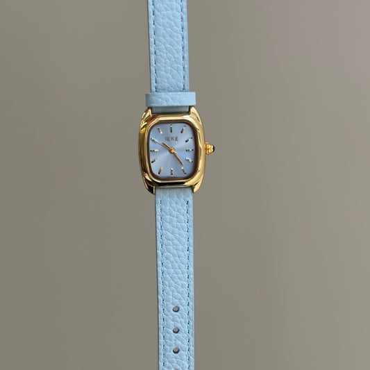 Everyday Serenity：Blue Rectangular Dial Watch – Gold Rectangular Bezel & Blue Leather Strap Quartz