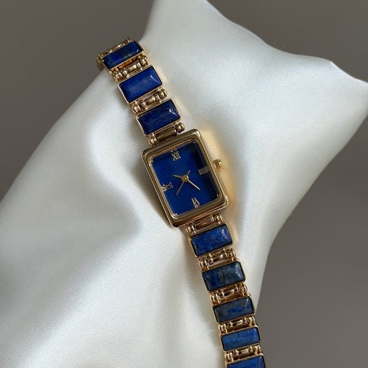 Gemstone Glam：Blue Square Dial Watch – Gold Square Case & Lapis Lazuli Accent Stainless Steel Band Quartz