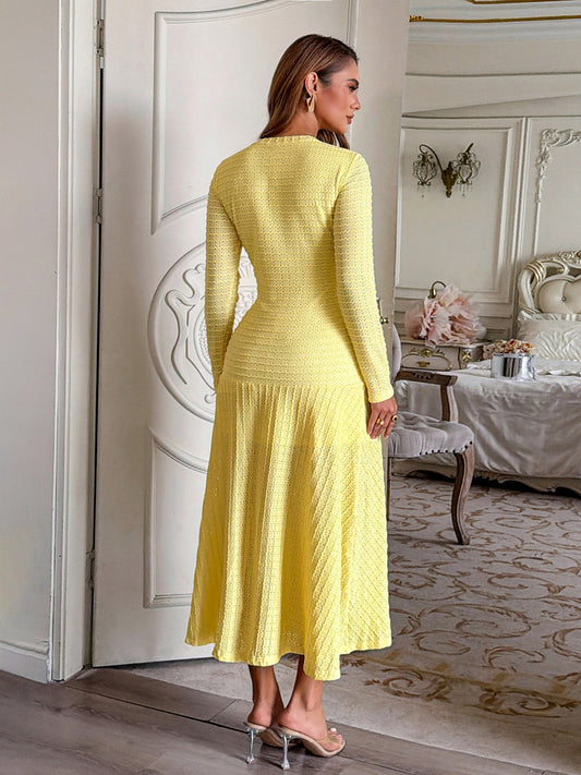 Long Sleeve Hollow-Out Jewel Button Midi Dress