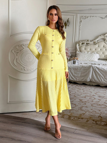 Long Sleeve Hollow-Out Jewel Button Midi Dress