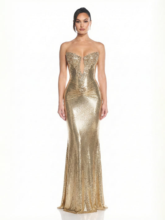 Strapless Metallic Sequin Mermaid Gown Corset Prom Maxi Dress