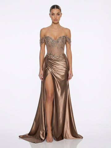 Off-Shoulder Beaded Corset Satin Gown High Slit Maxi Dress