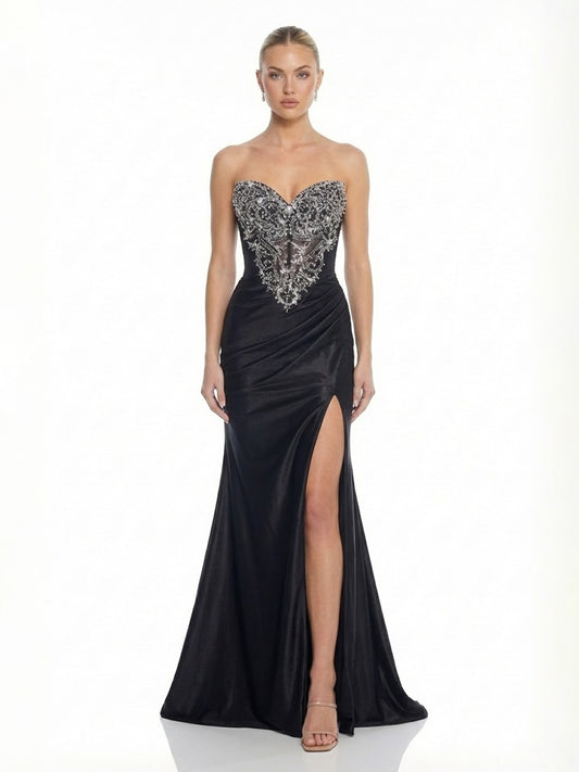 Strapless Crystal Beaded Corset Satin High Slit Gown Evening Dress