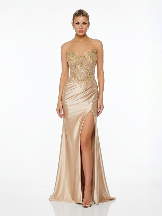 Strapless Beaded Corset Satin High Slit Prom & Evening Maxi Dress