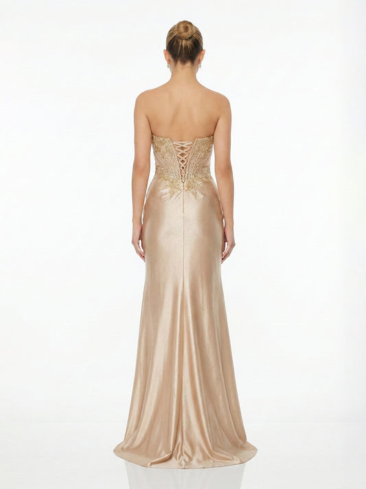 Strapless Beaded Corset Satin High Slit Prom & Evening Maxi Dress