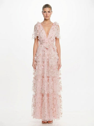 3D Floral Applique Tulle Tiered Maxi Dress