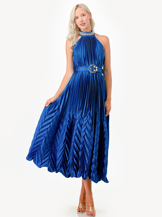 Pearl Collar Halter Neck Pleated Belted Satin Plisse Midi Dress