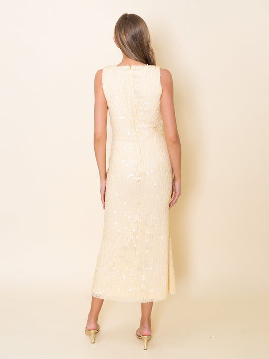 Sequin Sleeveless Boat Neck Textured Sheath Midi Dress