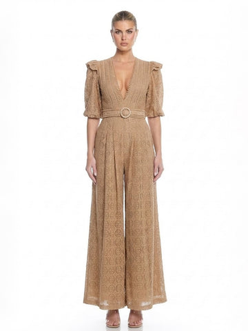 V-Neck Puff Sleeve Lace Jumpsuit with Belt