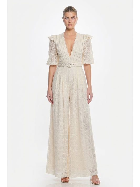 V-Neck Puff Sleeve Lace Jumpsuit with Belt