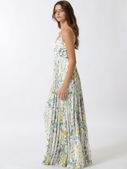 Pleated Wildflower Print Twist-Front Spaghetti Strap Maxi Dress