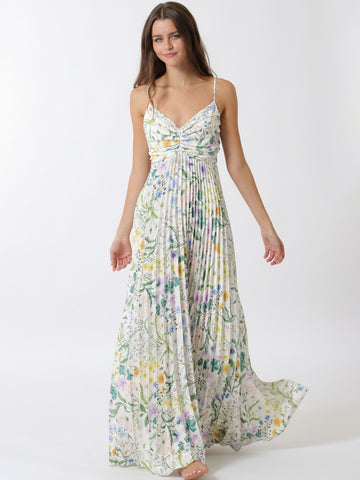 Pleated Wildflower Print Twist-Front Spaghetti Strap Maxi Dress