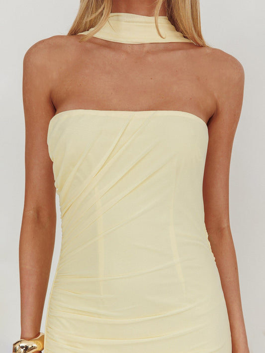 Ruched Mesh Scarf Neck Strapless Maxi Dress