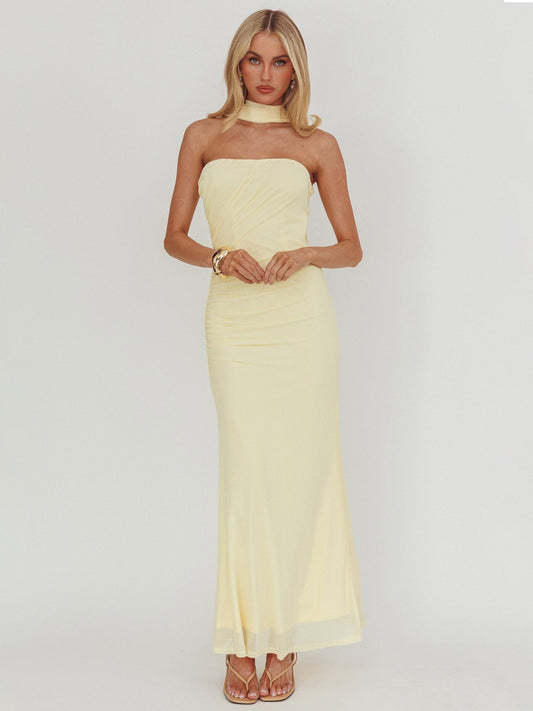 Ruched Mesh Scarf Neck Strapless Maxi Dress