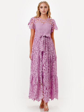 Floral Lace Flutter Sleeve Tiered Belted Boho Maxi Dress