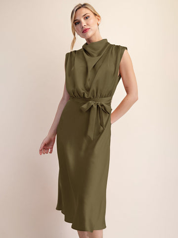 Satin Sleeveless Cowl Neck Belted Midi Dress