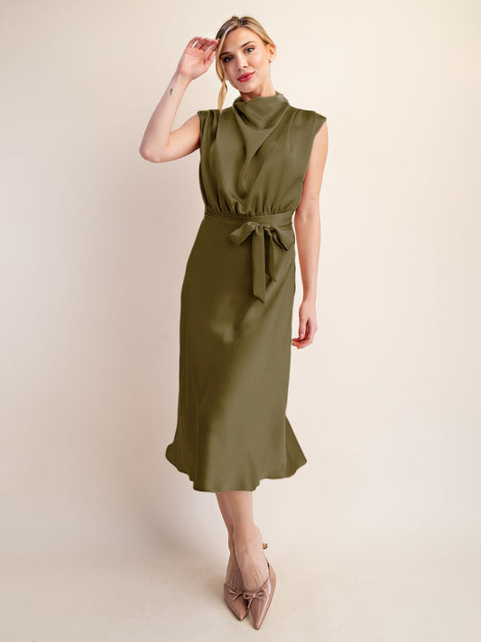Satin Sleeveless Cowl Neck Belted Midi Dress