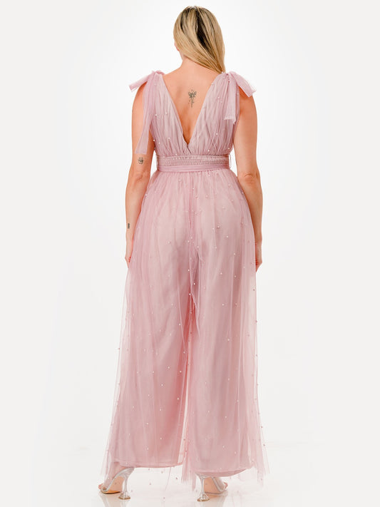 Pearl Studded Tulle Overlay Tie Shoulder Wide Leg Jumpsuit