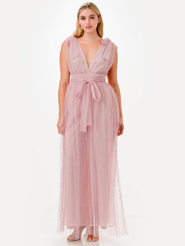 Pearl Studded Tulle Overlay Tie Shoulder Wide Leg Jumpsuit