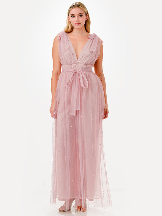 Pearl Studded Tulle Overlay Tie Shoulder Wide Leg Jumpsuit