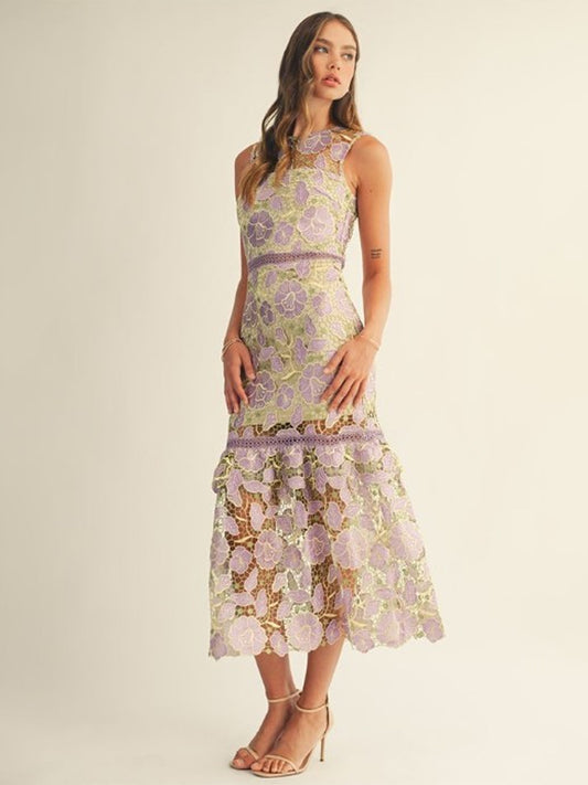 Floral Lace Sleeveless Tiered Ruffle Hem Midi Dress