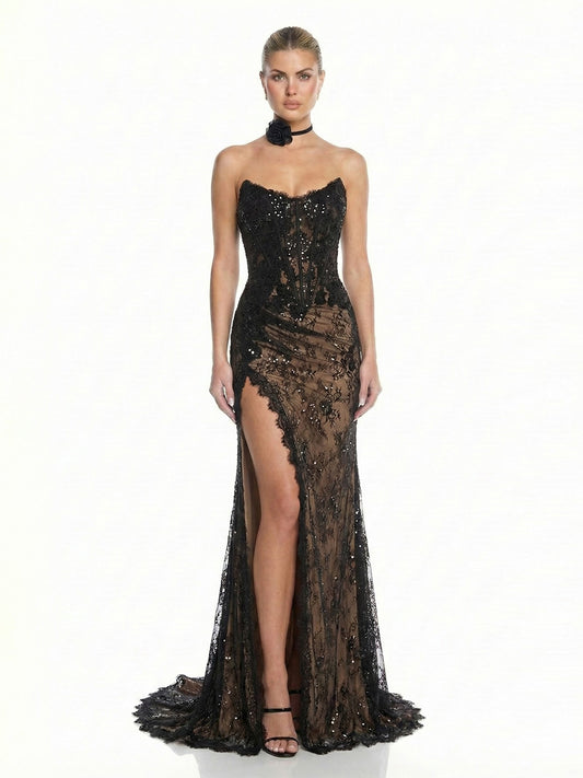 Strapless Sequin Lace Corset High Slit Dress with Matching Choker