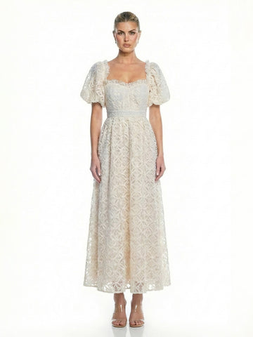 Floral Puff Sleeve Square Neck Tie Back Midi Dress