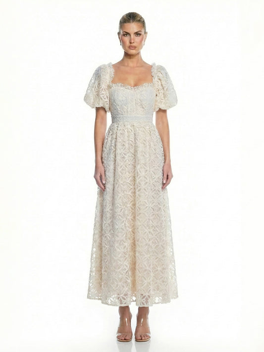 Floral Puff Sleeve Square Neck Tie Back Midi Dress