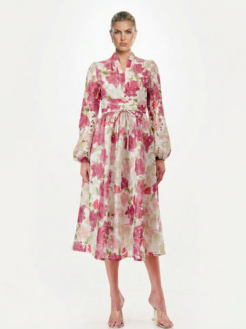 Floral Print Lace Long Sleeve V-Neck Tie Waist A-Line Midi Dress
