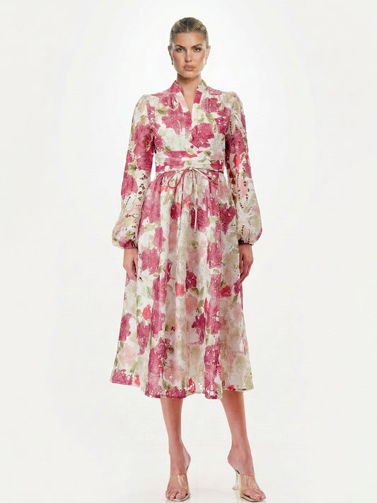 Floral Print Lace Long Sleeve V-Neck Tie Waist A-Line Midi Dress