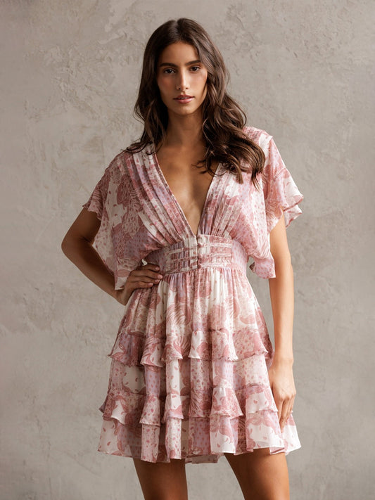 Paisley Print Deep V-Neck Tiered Flutter Sleeve Open Back  Mini Dress