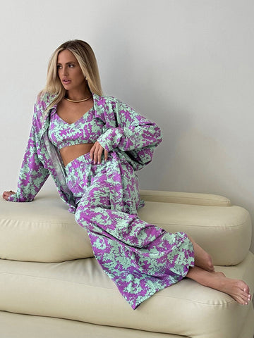 Three-Piece Floral Lounge Set | Bralette, Button-Down & Wide Leg Trousers