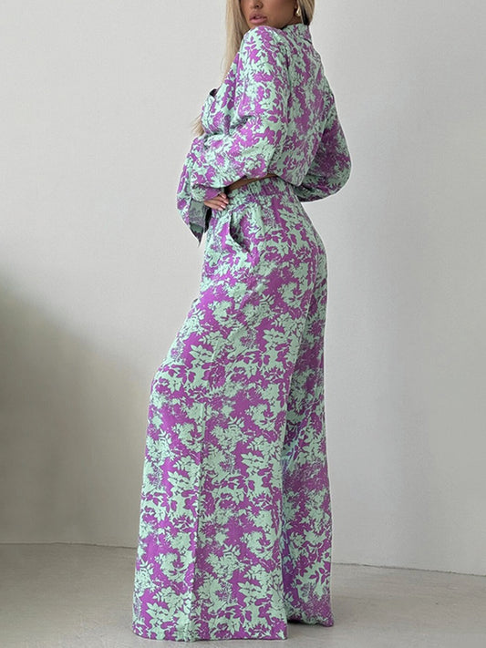 Three-Piece Floral Lounge Set | Bralette, Button-Down & Wide Leg Trousers