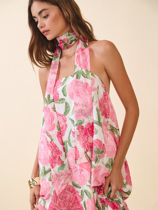 Pink Peony Print Strapless Maxi Dress with Matching Neck Scarf