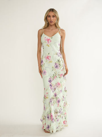 Floral Print Ruffle Slit Tie Strap Maxi Dress
