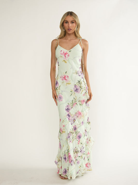 Floral Print Ruffle Slit Tie Strap Maxi Dress