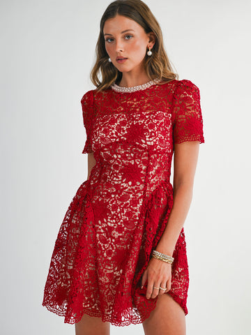 Pearl Collar Floral Lace Short Sleeve Tiered A-Line Mini Dress
