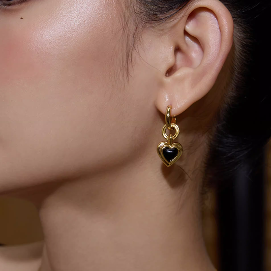 Double-Layer Detachable Black Onyx Heart Earrings