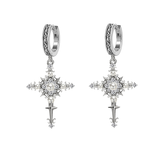Vintage Pearl Cross Hoop Earrings