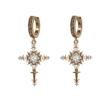 Vintage Pearl Cross Hoop Earrings
