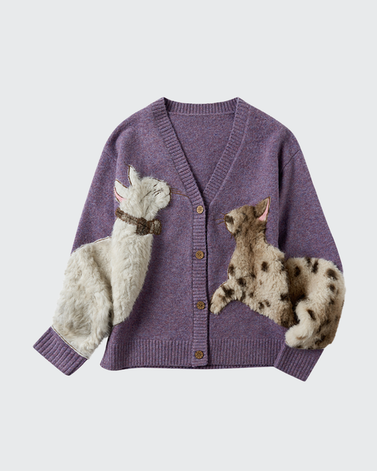 OUTTHE BLUE Fuzzy Cat Embroidered Knit Cardigan — Lilac Eco-Fur Edition