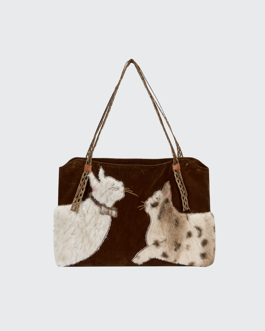 OUTTHE BLUE “Fluffy Cats Dialogue” Eco-Fur Embroidered Large-Capacity Tote Bag