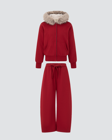 Lava Red Cotton-Feel Hoodie & Curved-Blade Sweatpants Set with Eco-Fur Trim