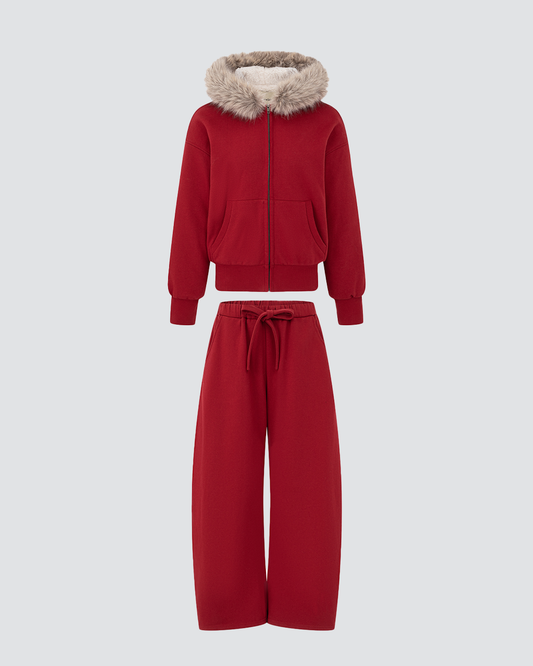 Lava Red Cotton-Feel Hoodie & Curved-Blade Sweatpants Set with Eco-Fur Trim