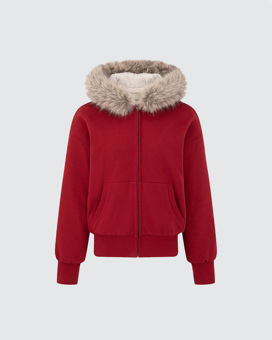 Lava Red Cotton-Feel Hoodie & Curved-Blade Sweatpants Set with Eco-Fur Trim