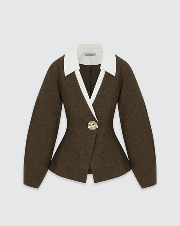 Single-Button Contrast Lapel Tailored Waist Wool Blazer