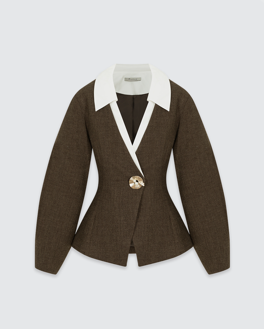 Single-Button Contrast Lapel Tailored Waist Wool Blazer